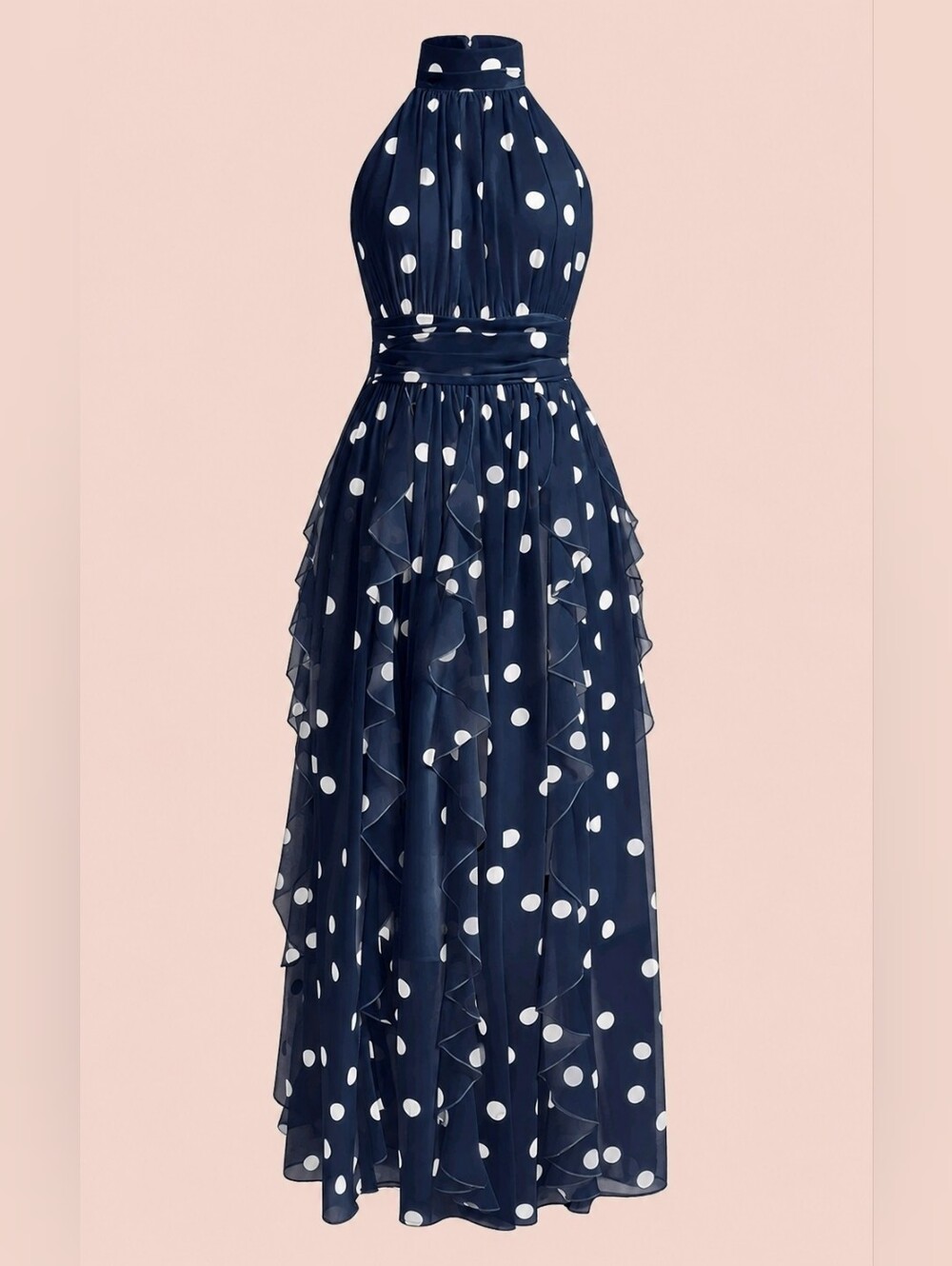 New Flowy Chiffon Polka Dot Ruffle Halter Maxi Dress Navy Blue White - Picture 8 of 13